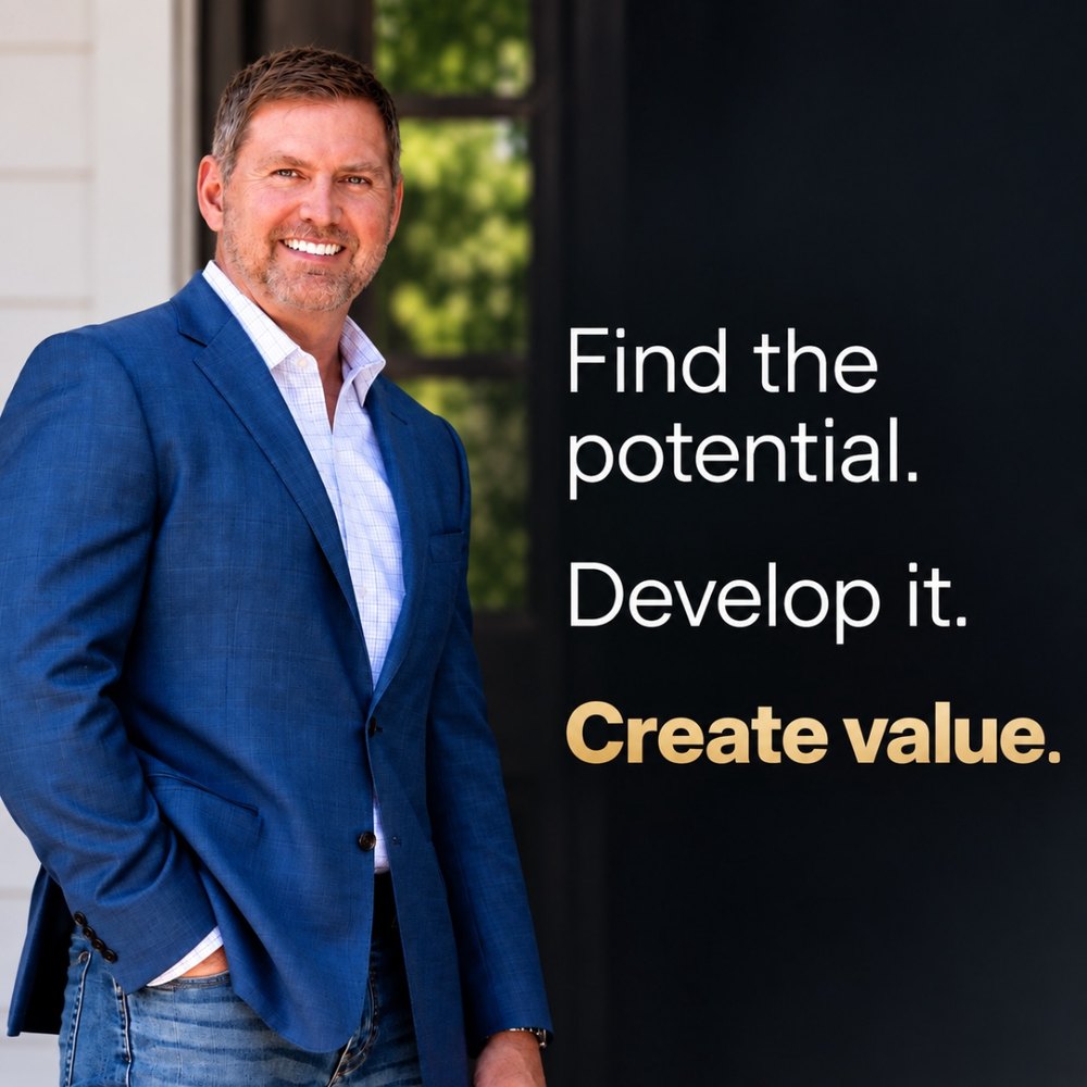 Will Huffman, Founder and President of Investor Hub, beside the words Find the potential. Develop it. Create value.